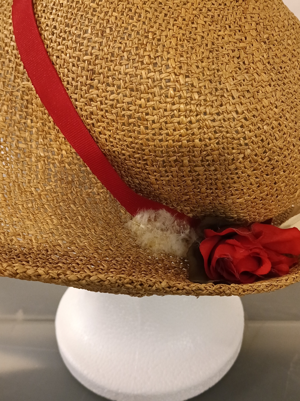 San Francisco Feather Co Straw Sun Hat Red Band Floral Accent Summer Hat Vintage - Picture 3 of 6